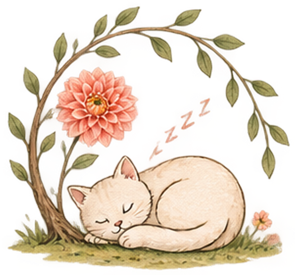 Watercolour cat beside a dahlia
