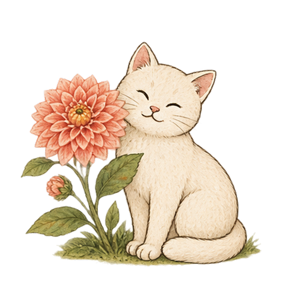 Watercolour sleeping cat in a dahlia garden